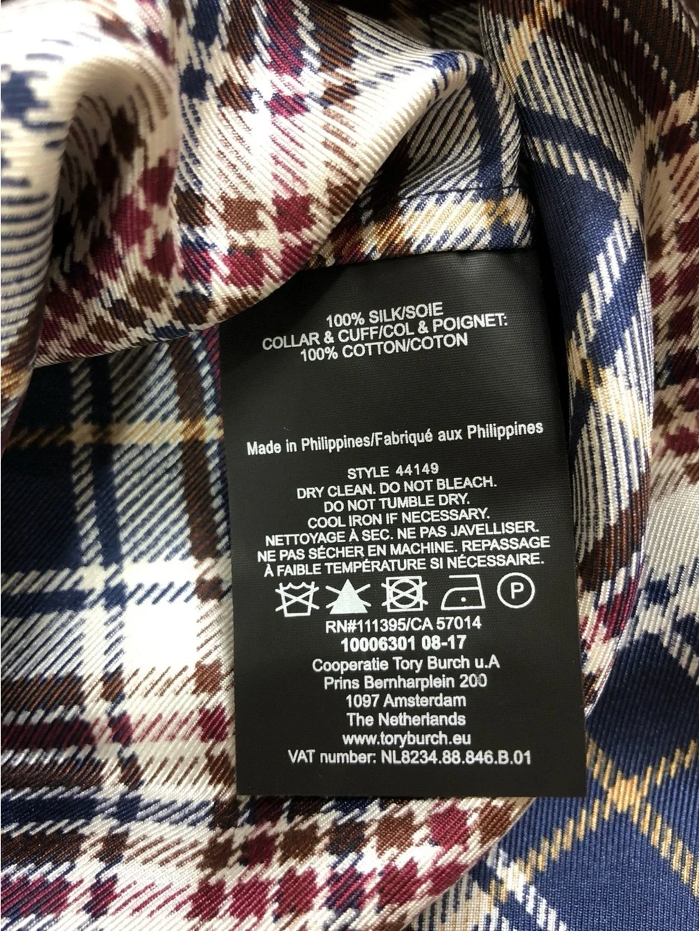 NWT Tory Burch Garrett Silk Plaid Long-Sleeve Blouse with Contrast Collar